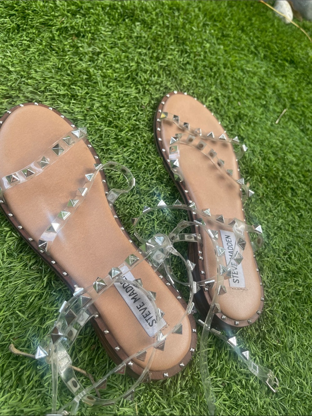 Steve Madden Clear Studded Sandals with Tan Insole - Picture 3 of 4